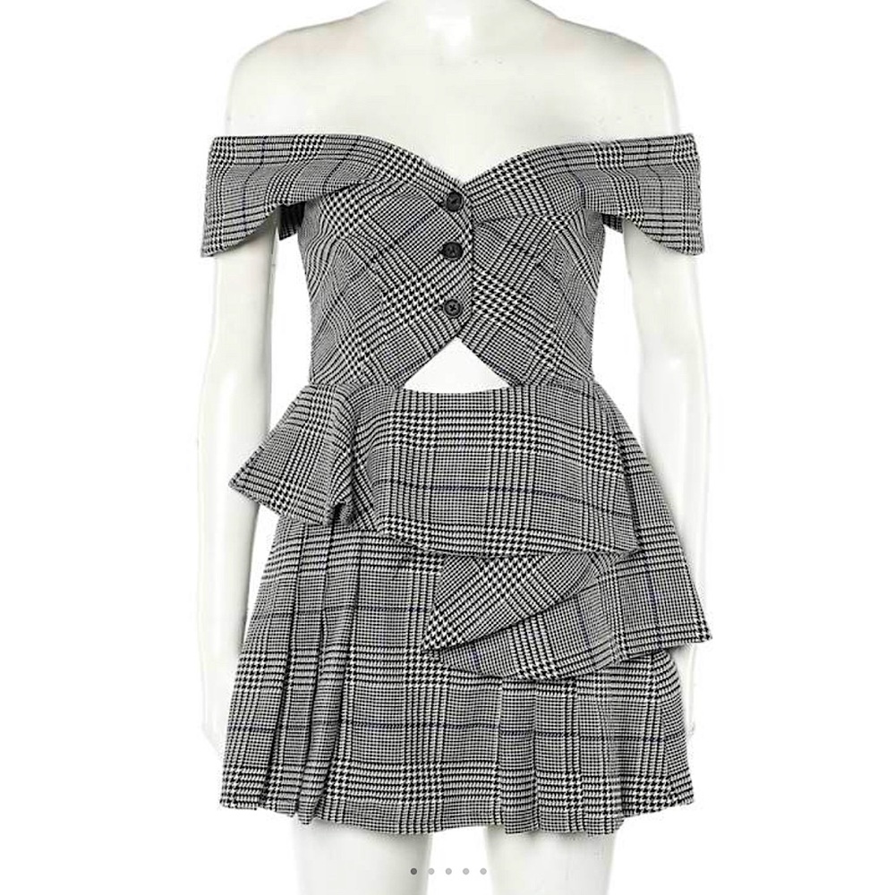 Self Portrait Monochrome Checkered Twill Cutout Detail Off Shoulder Mini Dress
